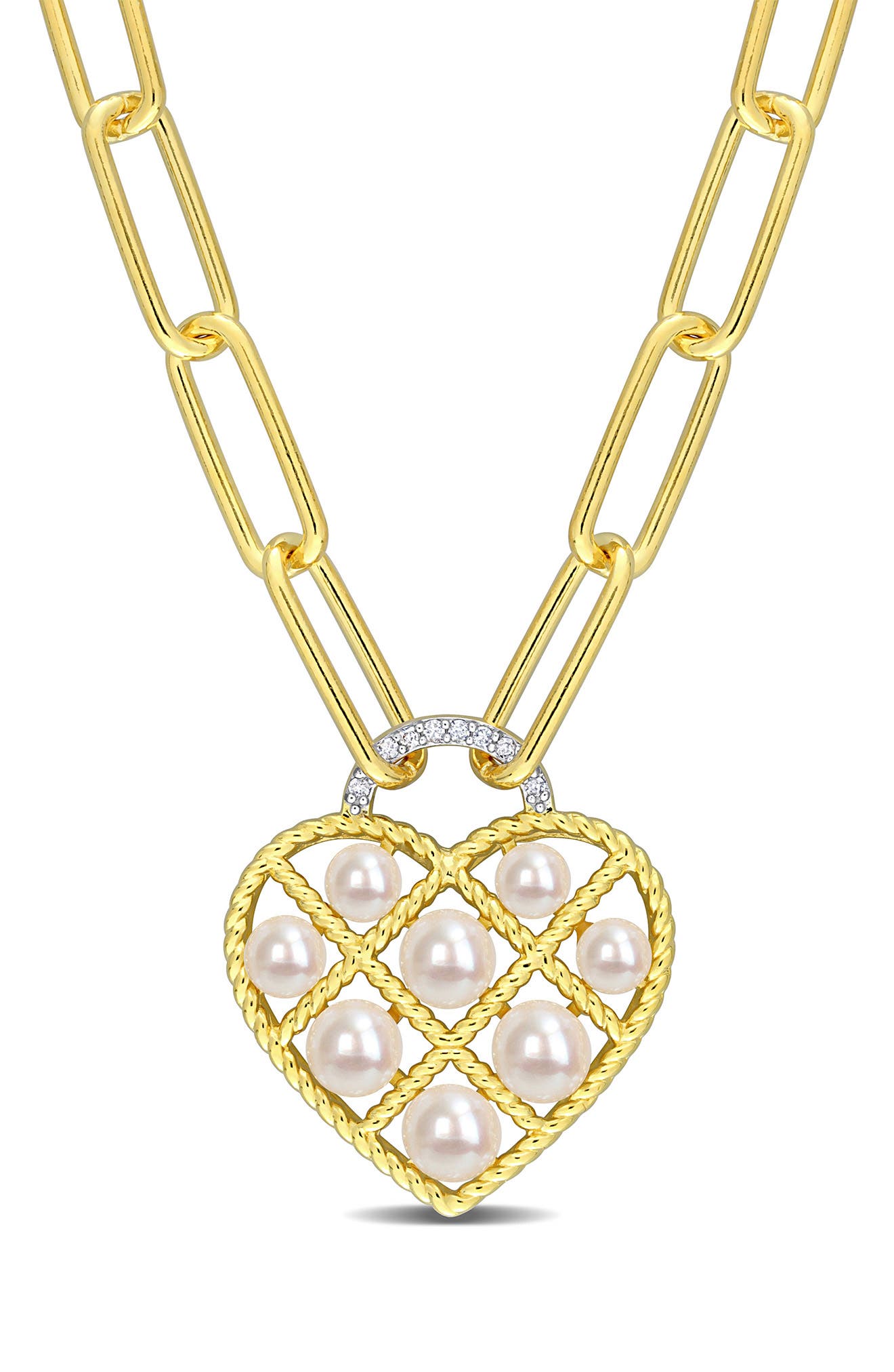 DELMAR Yellow Gold Plated Sterling Silver 4.5-5mm Freshwater Cultured Pearl Diamond Heart Pendant Necklace - 0.01 ctw.