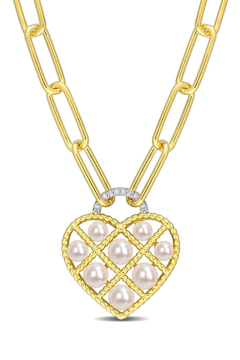 Yellow Gold Plated Sterling Silver 4.5-5mm Freshwater Cultured Pearl Diamond Heart Pendant Necklace - 0.01 ctw., Main, color, WHITE