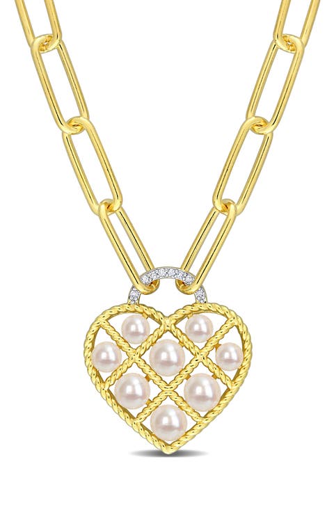 Yellow Gold Plated Sterling Silver 4.5-5mm Freshwater Cultured Pearl Diamond Heart Pendant Necklace - 0.01 ctw.