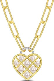 DELMAR Yellow Gold Plated Sterling Silver 4.5-5mm Freshwater Cultured Pearl Diamond Heart Pendant Necklace - 0.01 ctw.