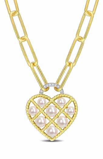 DELMAR Yellow Gold Plated Sterling Silver 4.5-5mm Freshwater Cultured Pearl Diamond Heart Pendant Necklace - 0.01 ctw.