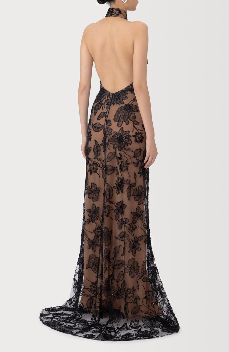 SAU LEE Adelaide Beaded Sheer Detail Gown, Alternate, color, Black