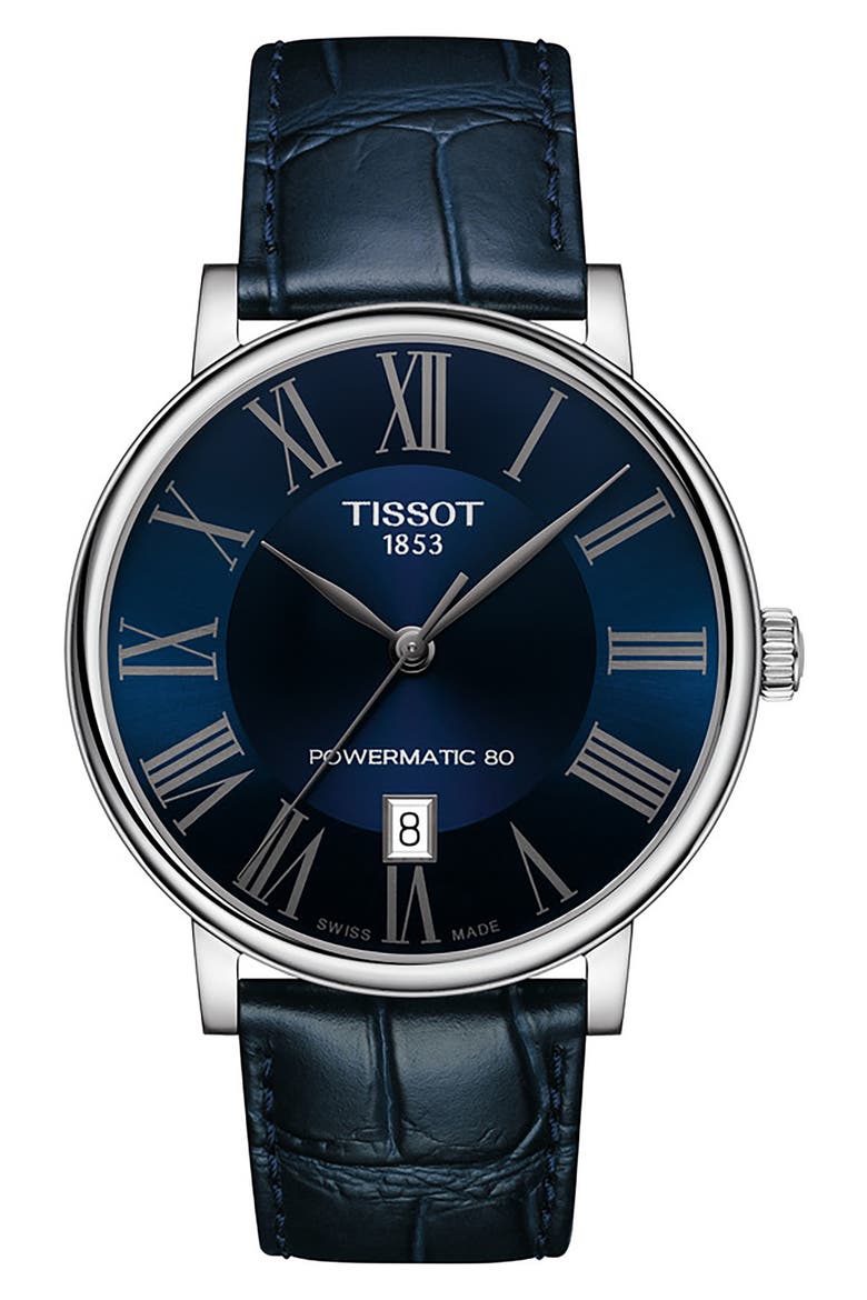 T-Classic Carson Powermatic 80 Leather Strap Watch, 40mm, Main, color, BLUE/ SILVER