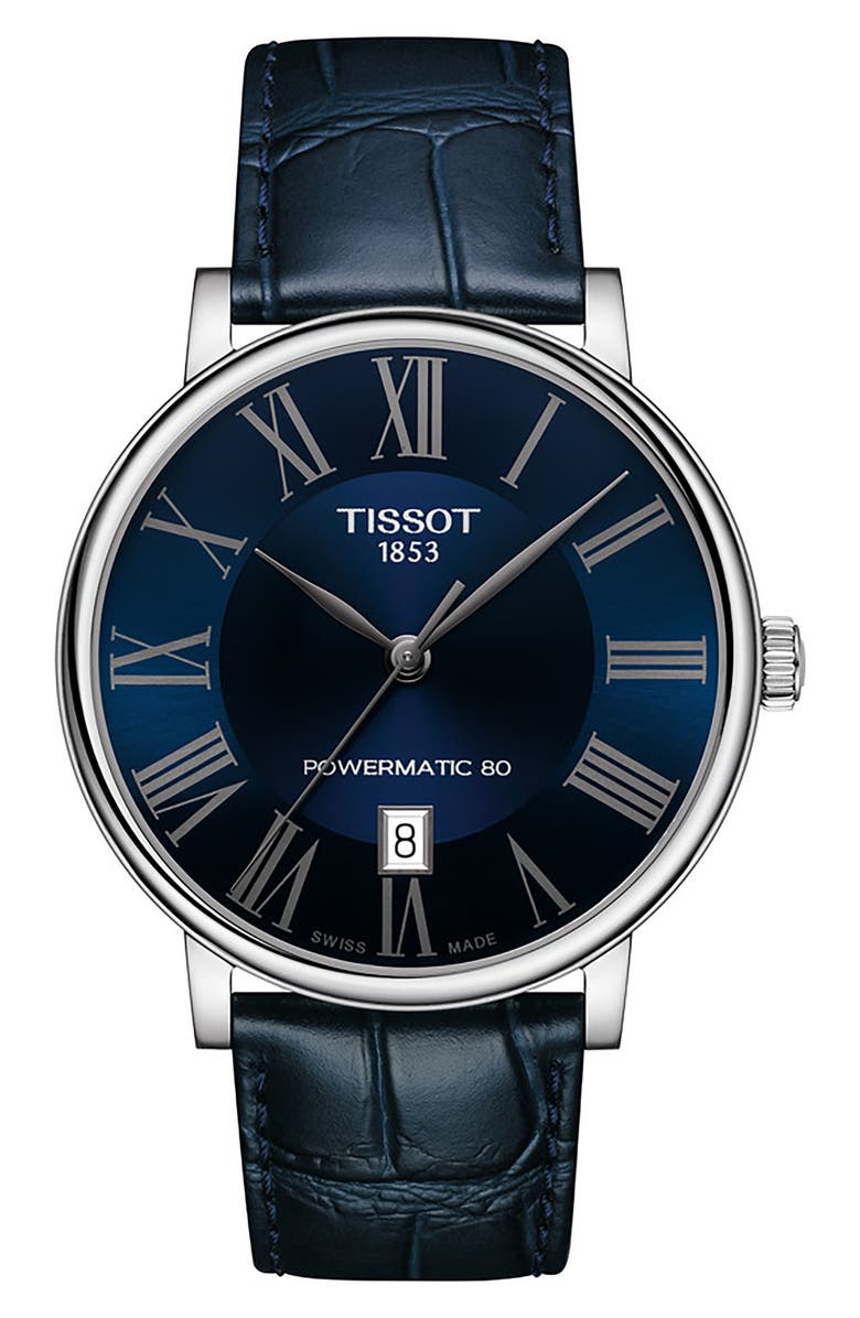 Tissot T-Classic Carson Powermatic 80 Leather Strap Watch, 40mm, Main, color, Blue/ Silver