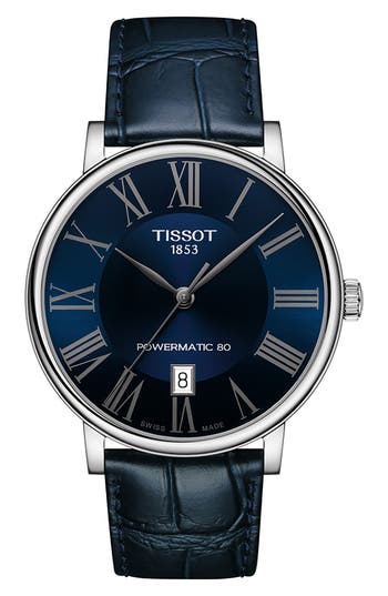 Tissot T-classic Carson Powermatic 80 Leather Strap Watch, 40mm In Blue/silver