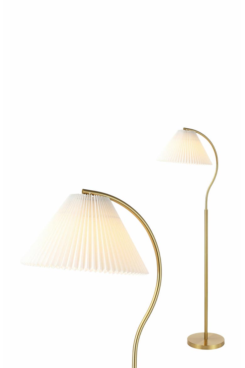 Devon Modern Glam Metal Arc LED Floor Lamp with Pleated Shade, Main, color, Brass Gold