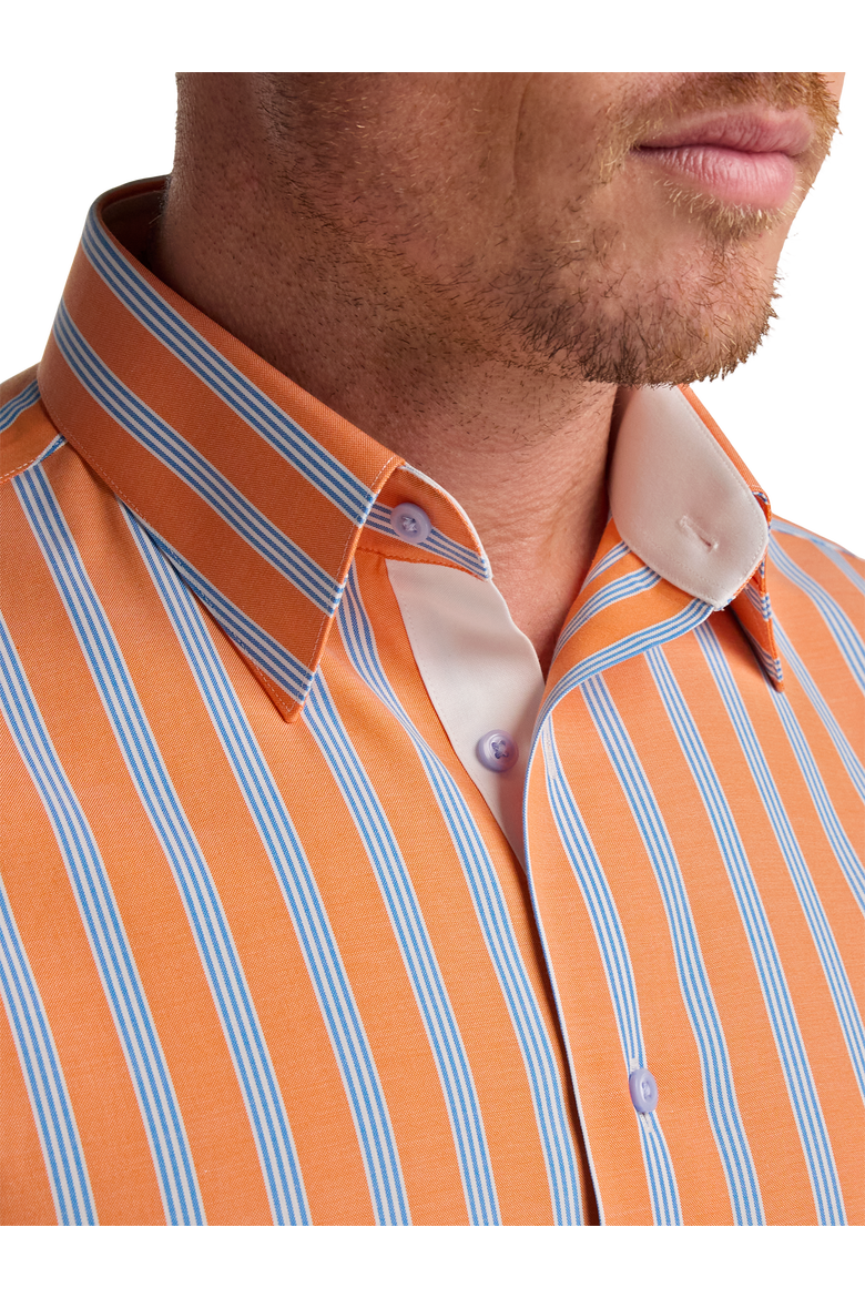 Cotton Spandex Point Collar Pinpoint Classic Contrast Trim Button Cuff Long Sleeve, Alternate, color, Melon/Blue