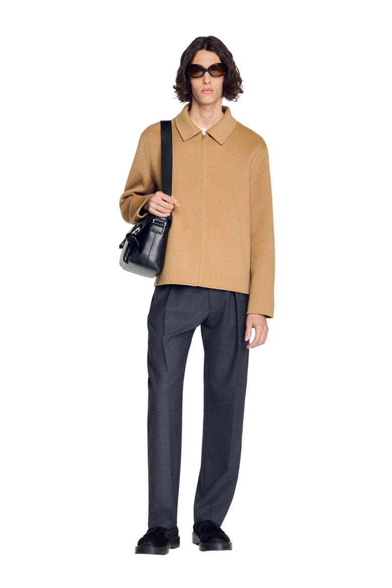Double-faced wool zip-up jacket, Alternate, color, Camel