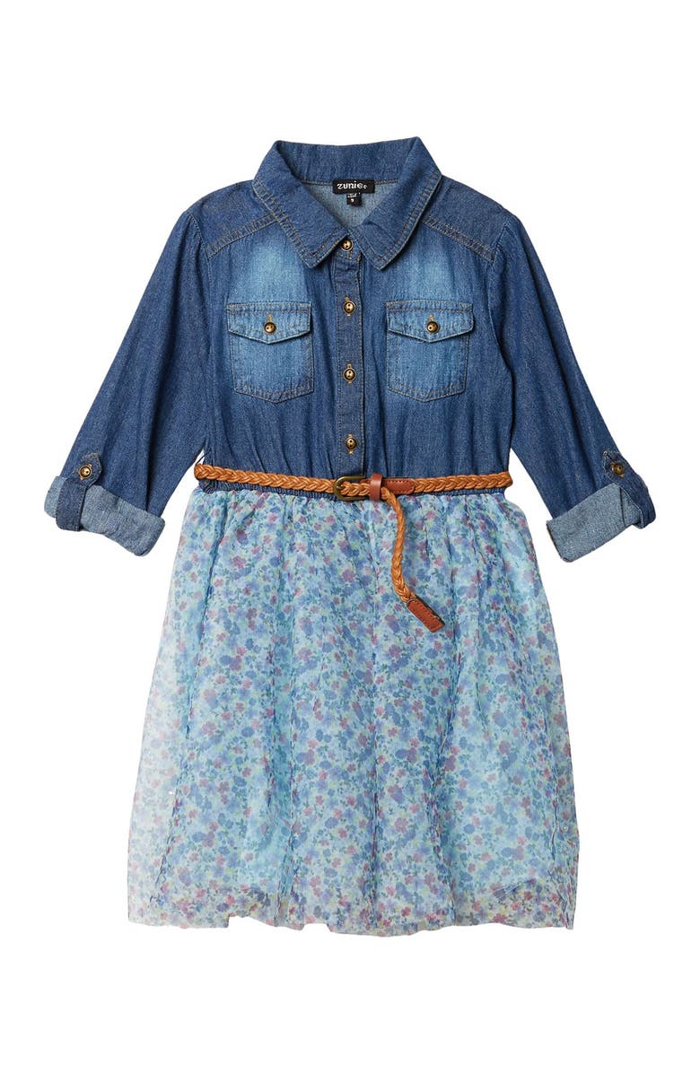 Zunie Denim & Ditsy Floral Dress, Main, color, 