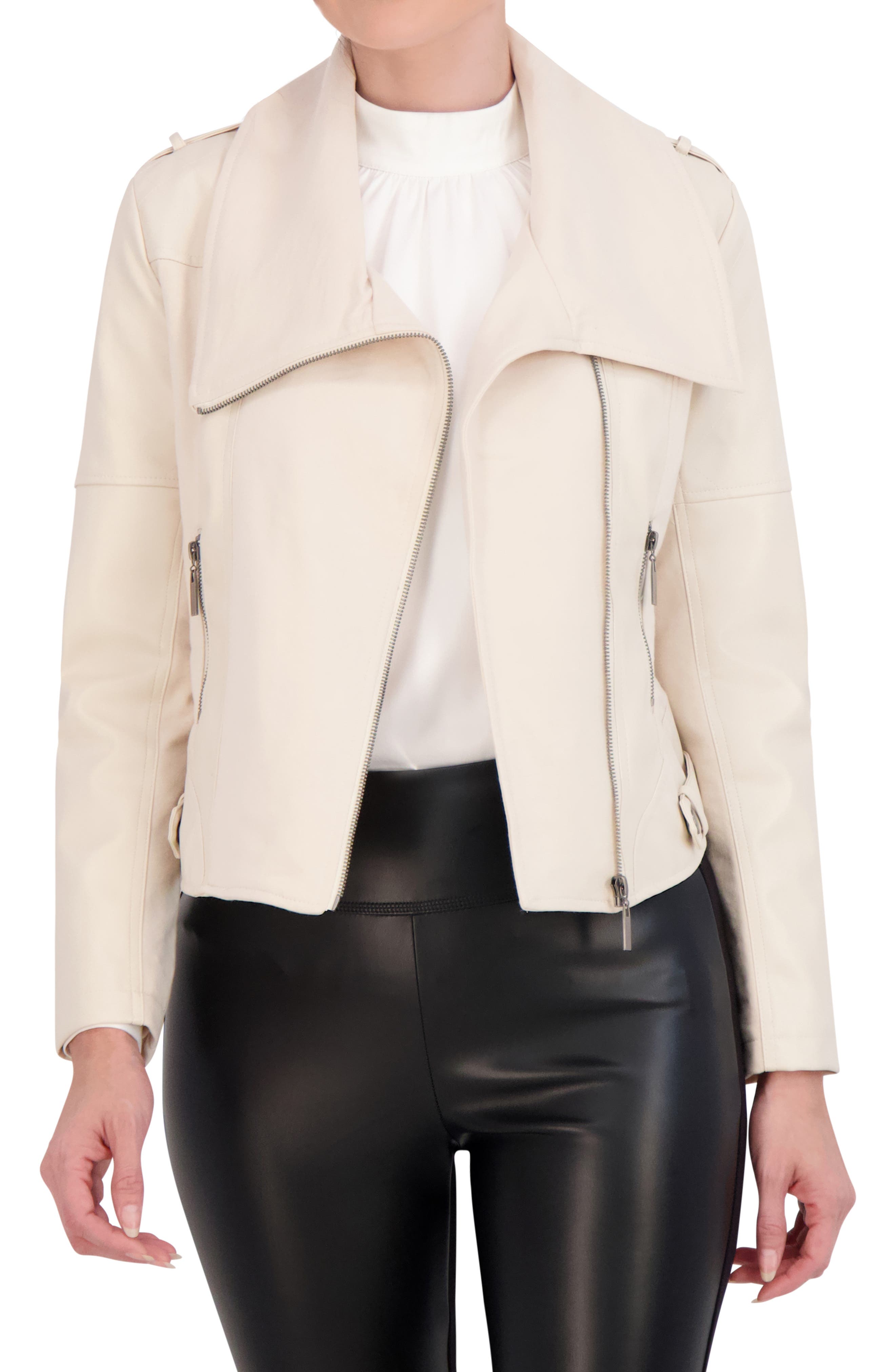 Mixed Media Faux Leather Moto Jacket