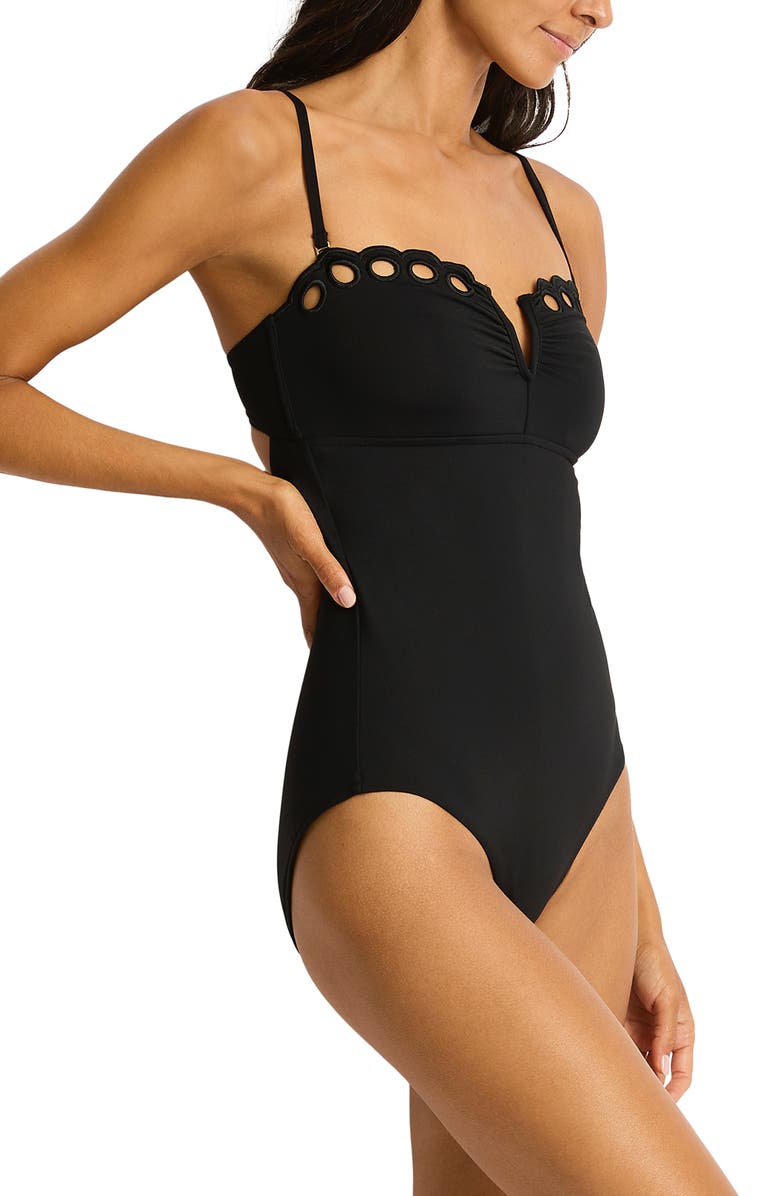 Sea Level Elysian Embroidered V-Notch One-Piece Swimsuit, Alternate, color, Black