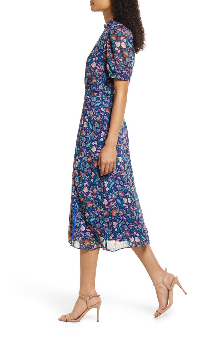 Floral Print Puff Sleeve Midi Dress, Alternate, color, NAVY MULTI