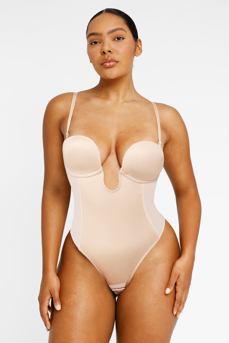 Strapless U-Plunge Thong Shapewear Bodysuit, Alternate, color, Buttercream