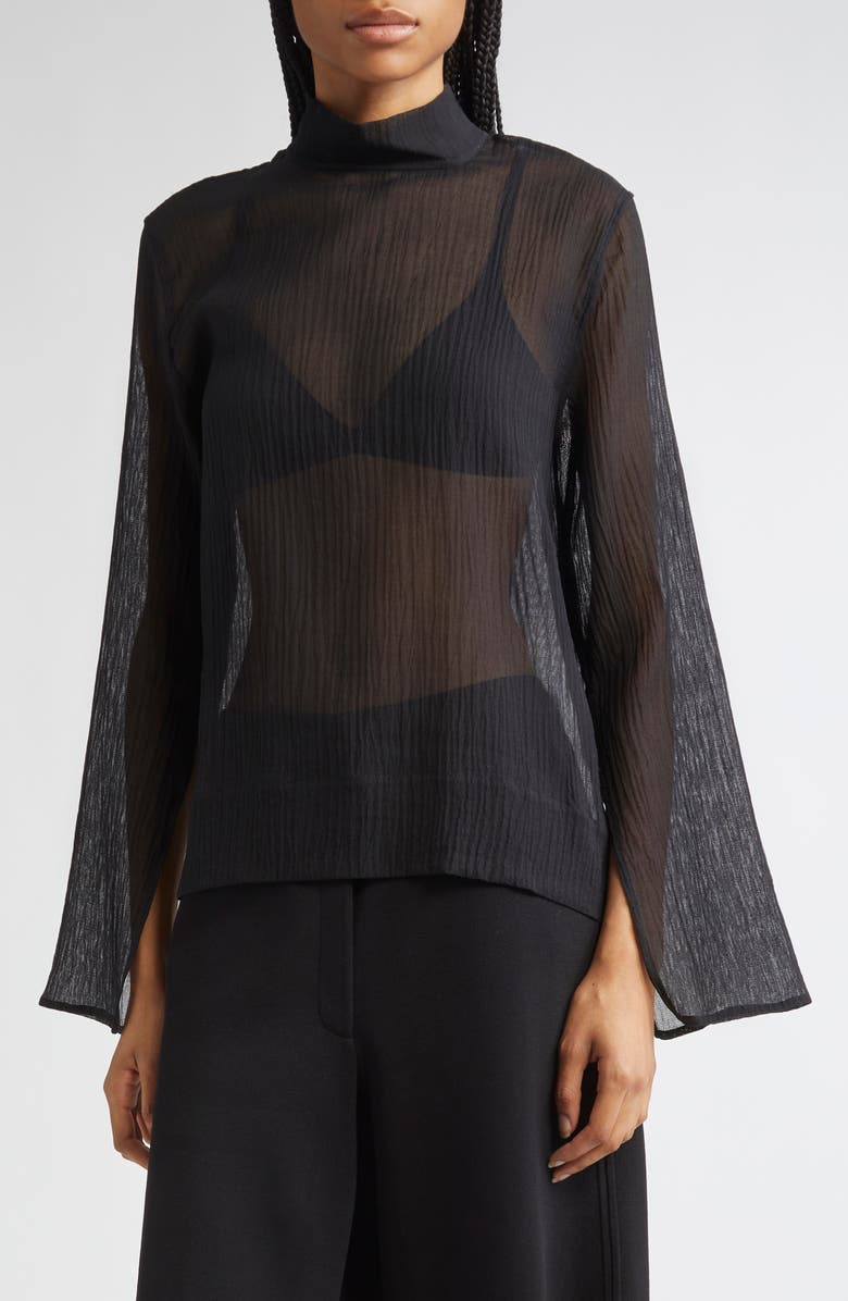 TOTEME Mock Neck Long Sleeve Cotton & Silk Top, Main, color, Black