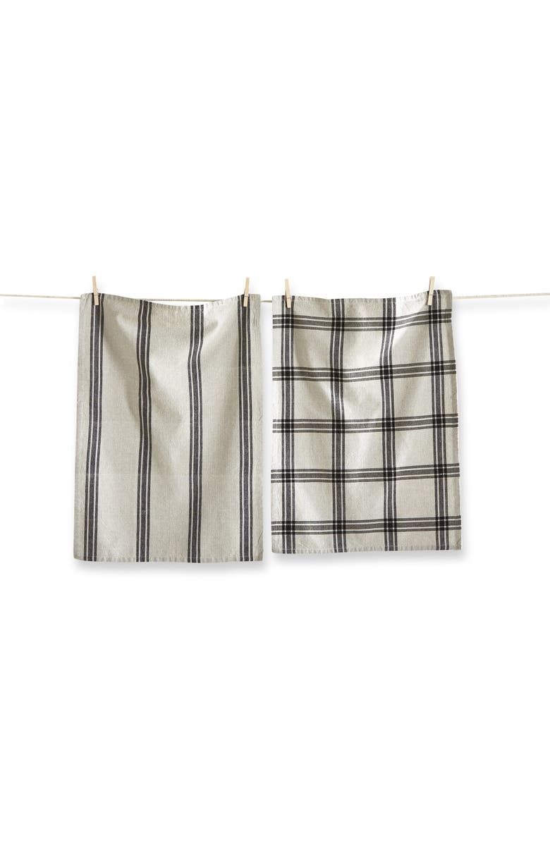 tag Set of 2 Black Stone Stripe Check Beige Cotton Dishtowels, Main, color, Black