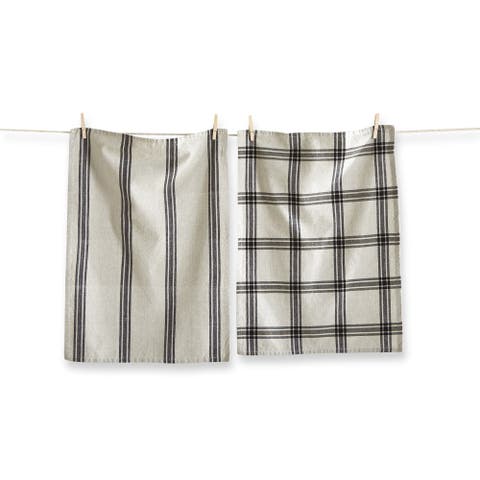 Set of 2 Black Stone Stripe Check Beige Cotton Dishtowels