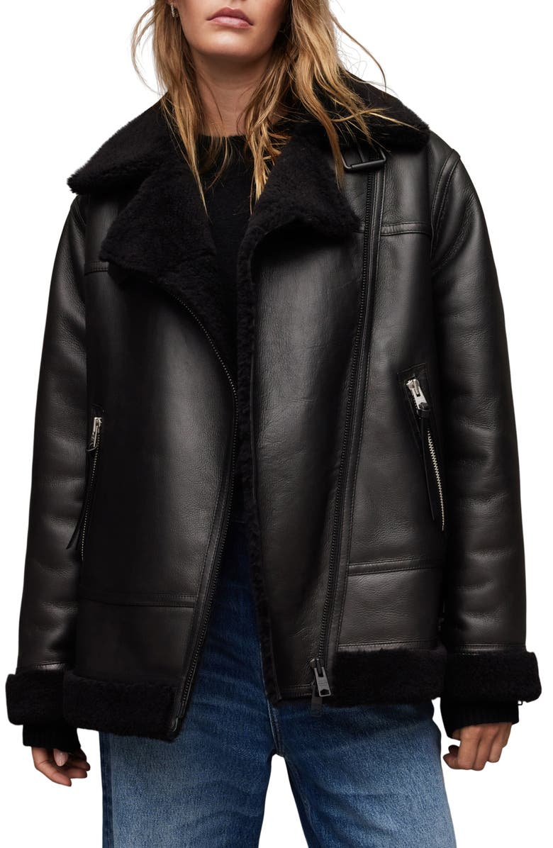 AllSaints Sola Leather & Genuine Shearling Jacket, Main, color,