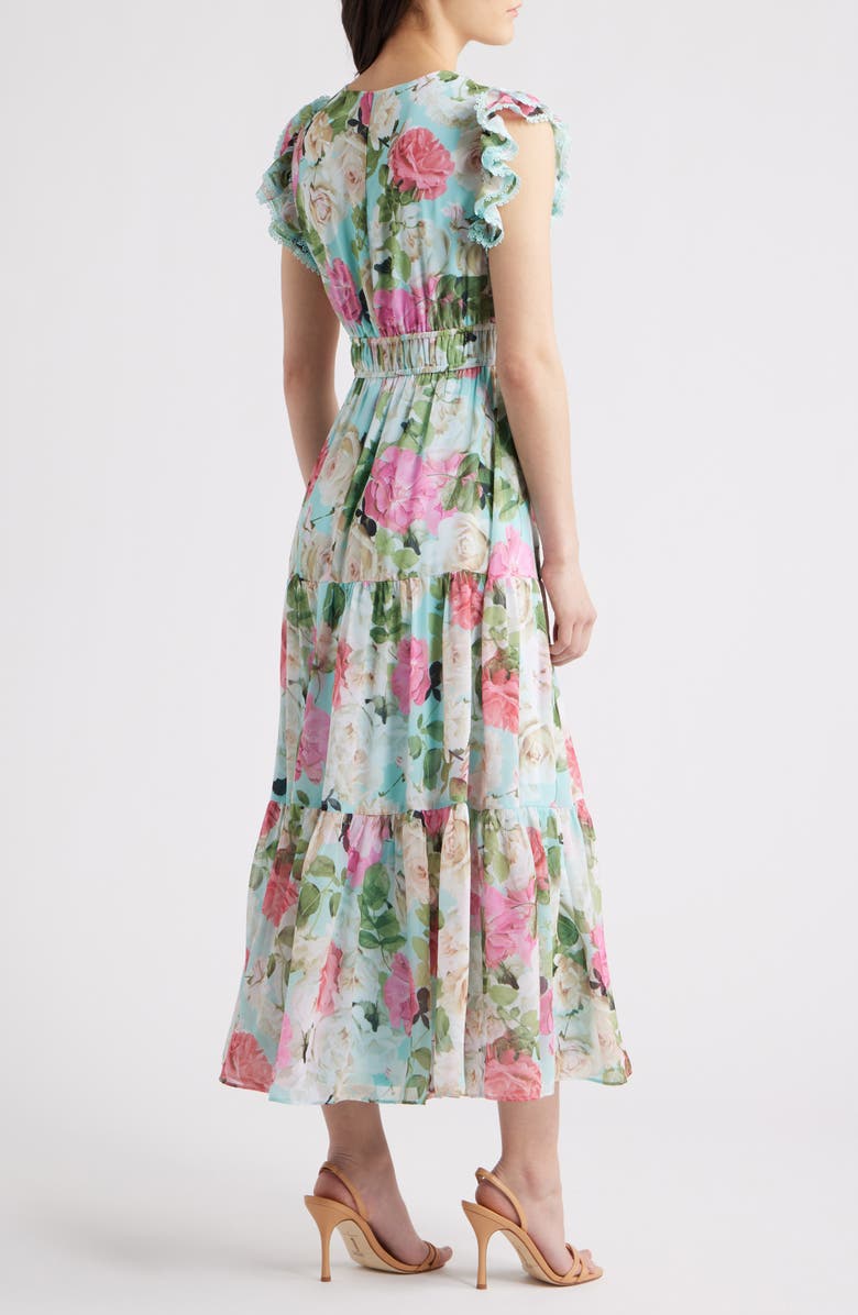 Anne Klein Floral Ruffle Drawstring Waist Dress, Alternate, color, Eggshell Blue Multi