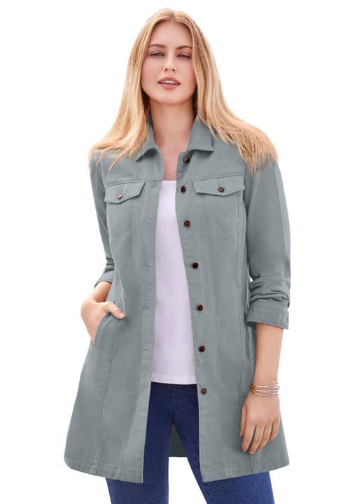 Jessica London Long Denim Jacket In Gray