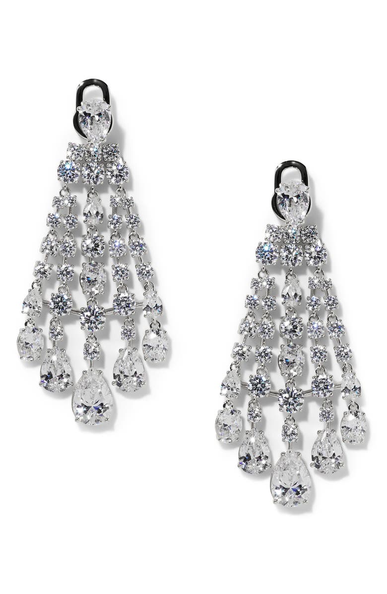 Nadri Hollywood Front/Back Chandelier Earrings, Main, color, Rhodium
