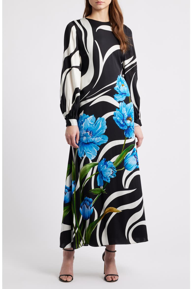 The Renata Mixed Print Long Sleeve Silk Blend Maxi Dress, Main, color, WILDSIDE BOUQUET