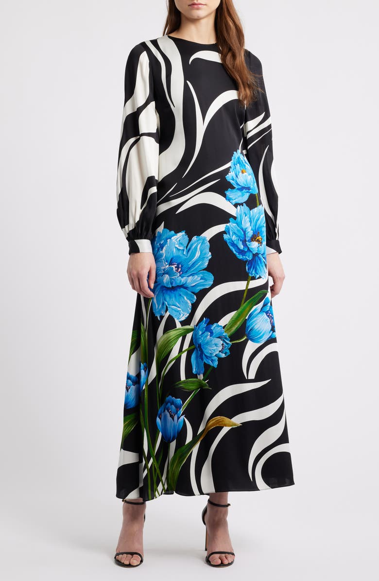 Elie Tahari The Renata Mixed Print Long Sleeve Silk Blend Maxi Dress, Main, color, Wildside Bouquet