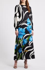Elie Tahari The Renata Mixed Print Long Sleeve Silk Blend Maxi Dress