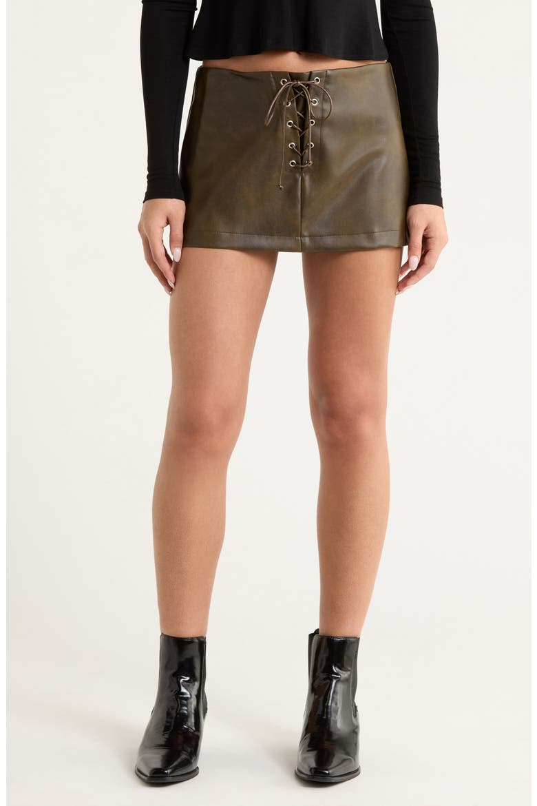Lace-Up Faux Leather Miniskirt, Main, color, WASHED BLACK