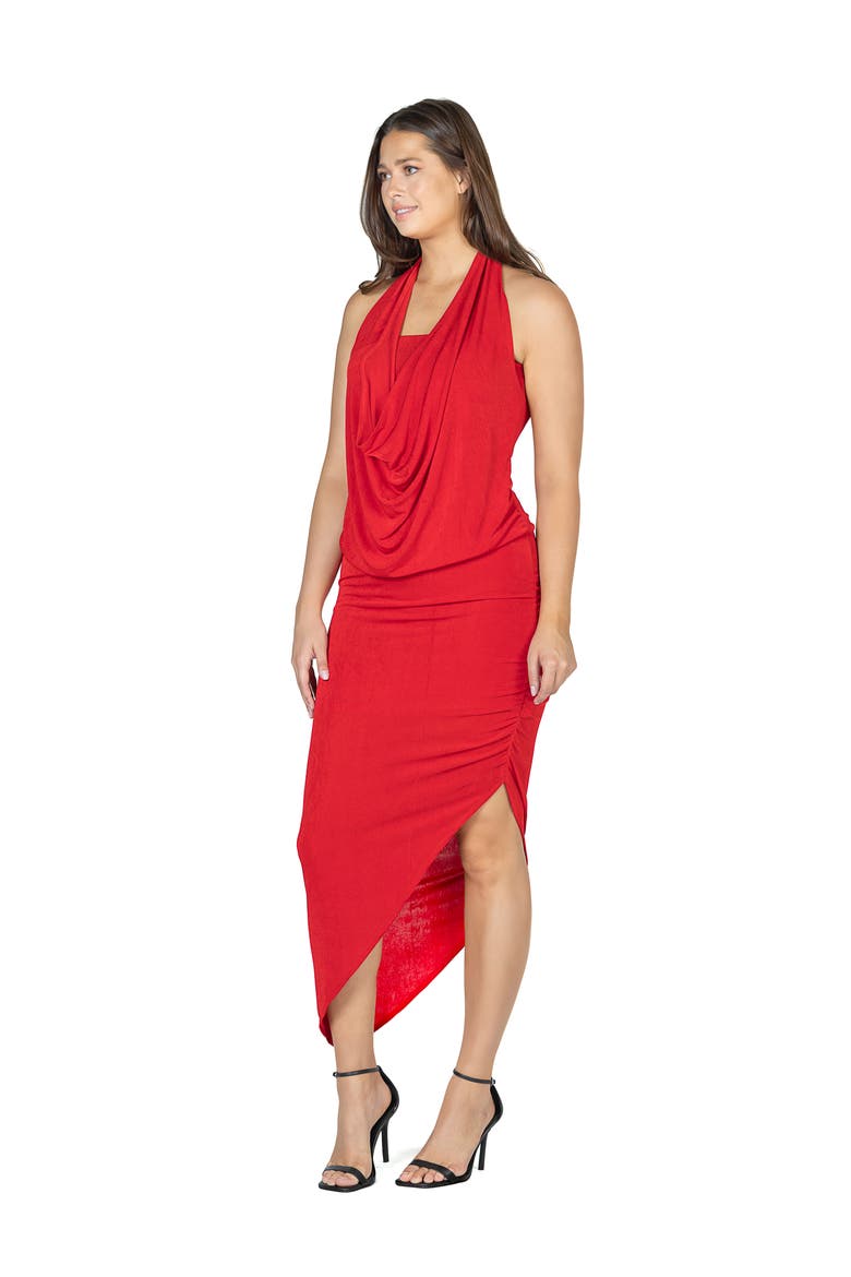 Womens Cowl Neck Long Asymmetrical Backless Halter Dress, Alternate, color, Red