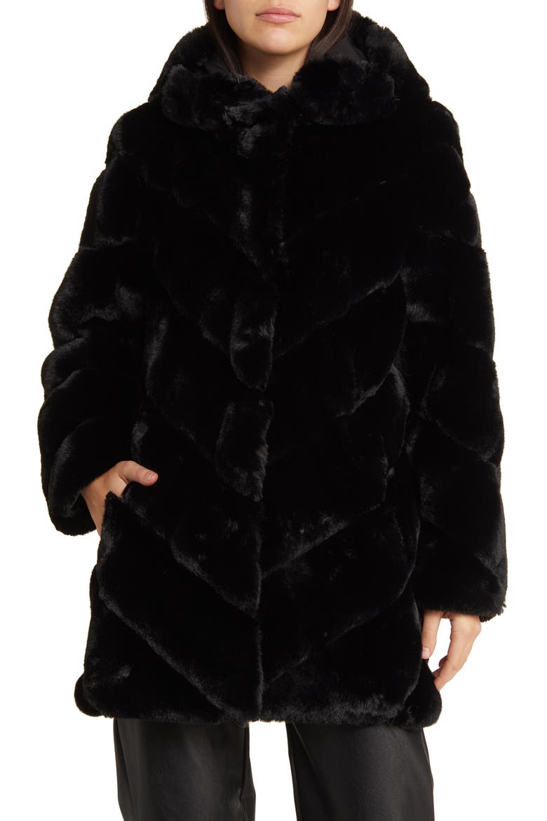 Chevron Faux Fur Hooded Jacket, Main, color, BLACK