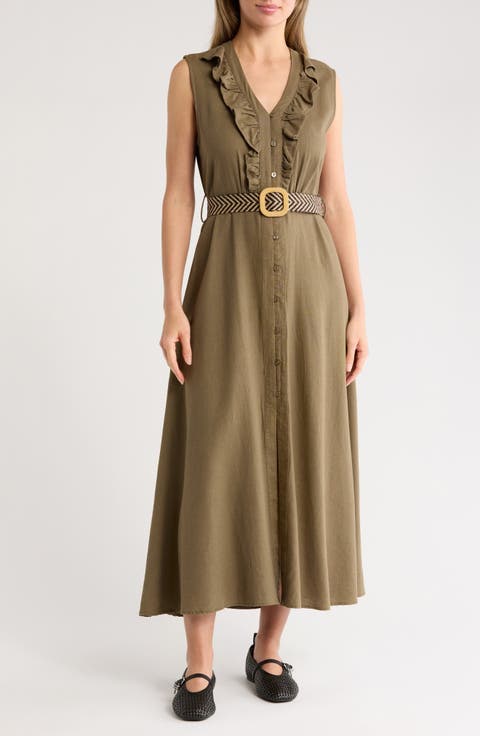 Belted Linen Blend Dress