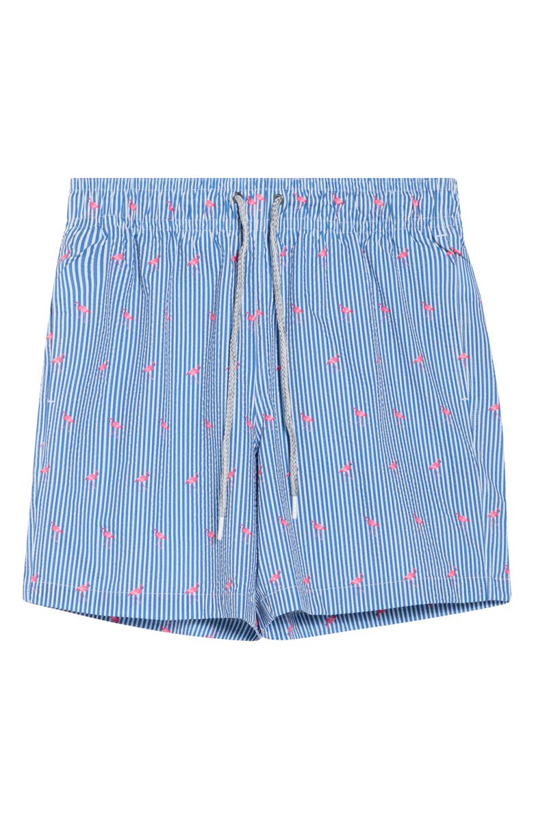 Rainforest Flamingo Stripe Seersucker Swim Trunks, Alternate, color, Bering Sea