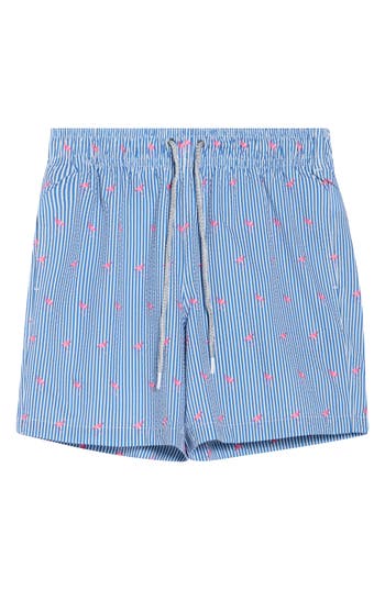 Rainforest Flamingo Stripe Seersucker Swim Trunks In Brown
