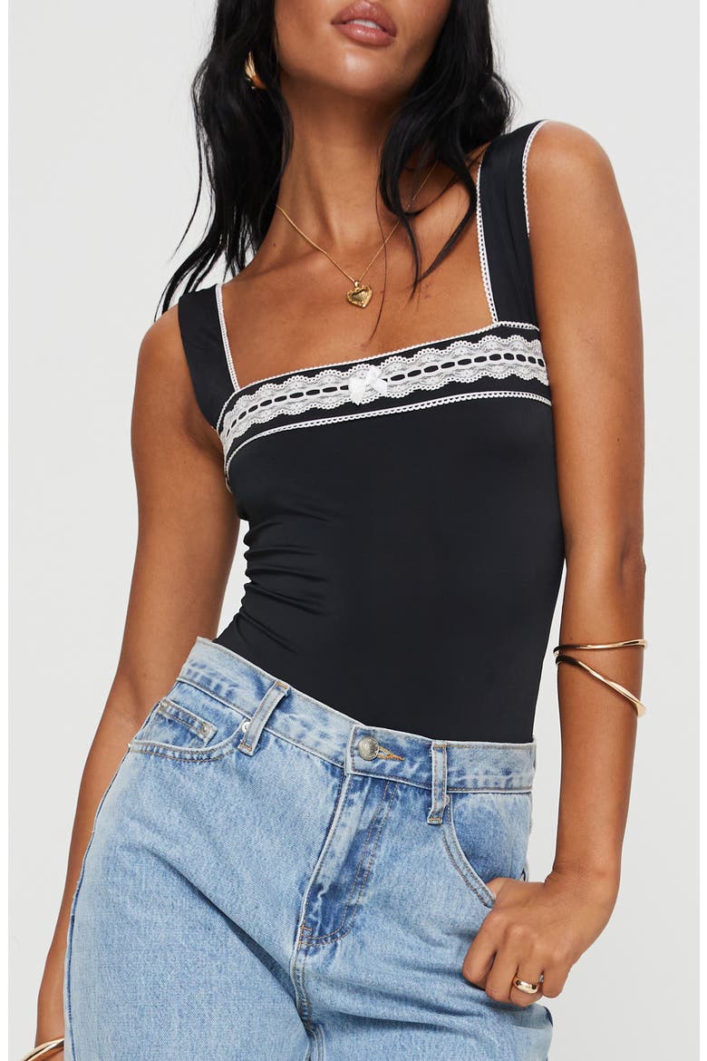 Keating Contrast Lace Trim Bodysuit, Main, color, BLACK
