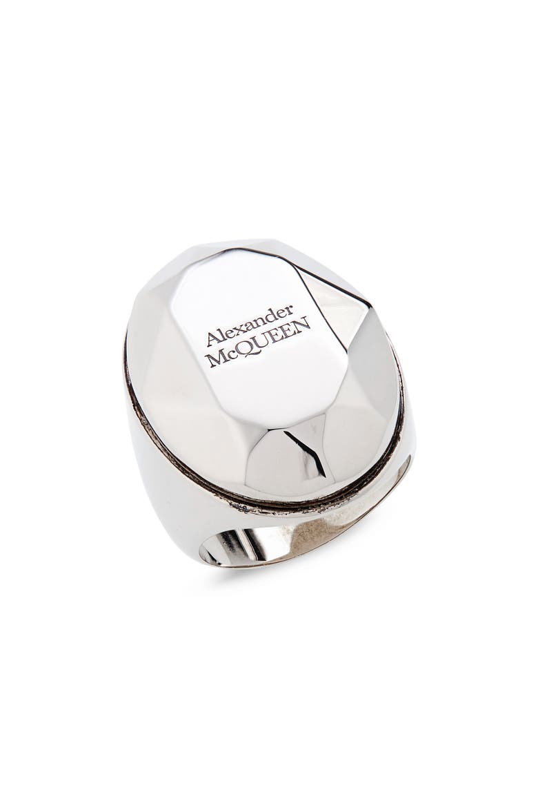 Men's Faceted Logo Signet Ring, Main, color, 0446-MCQ0911SIL.V.B ANTIL