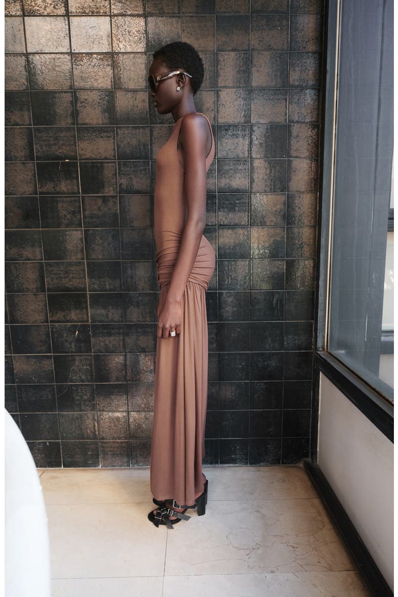 Asymmetric Gather Maxi Dress, Alternate, color, BROWN