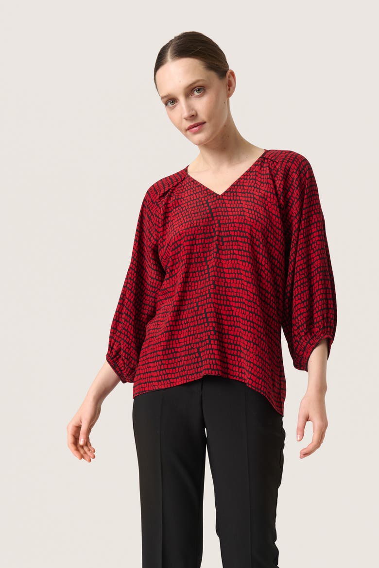 Slalize 3/4 Sleeve V-Neck Blouse, Main, color, Salsa Square Print
