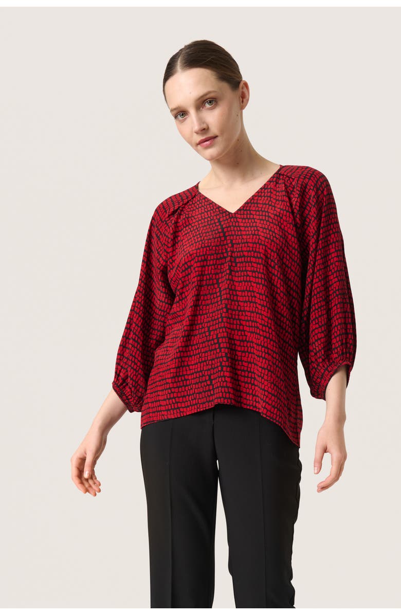 Soaked in Luxury Slalize 3/4 Sleeve V-Neck Blouse, Main, color, Salsa Square Print