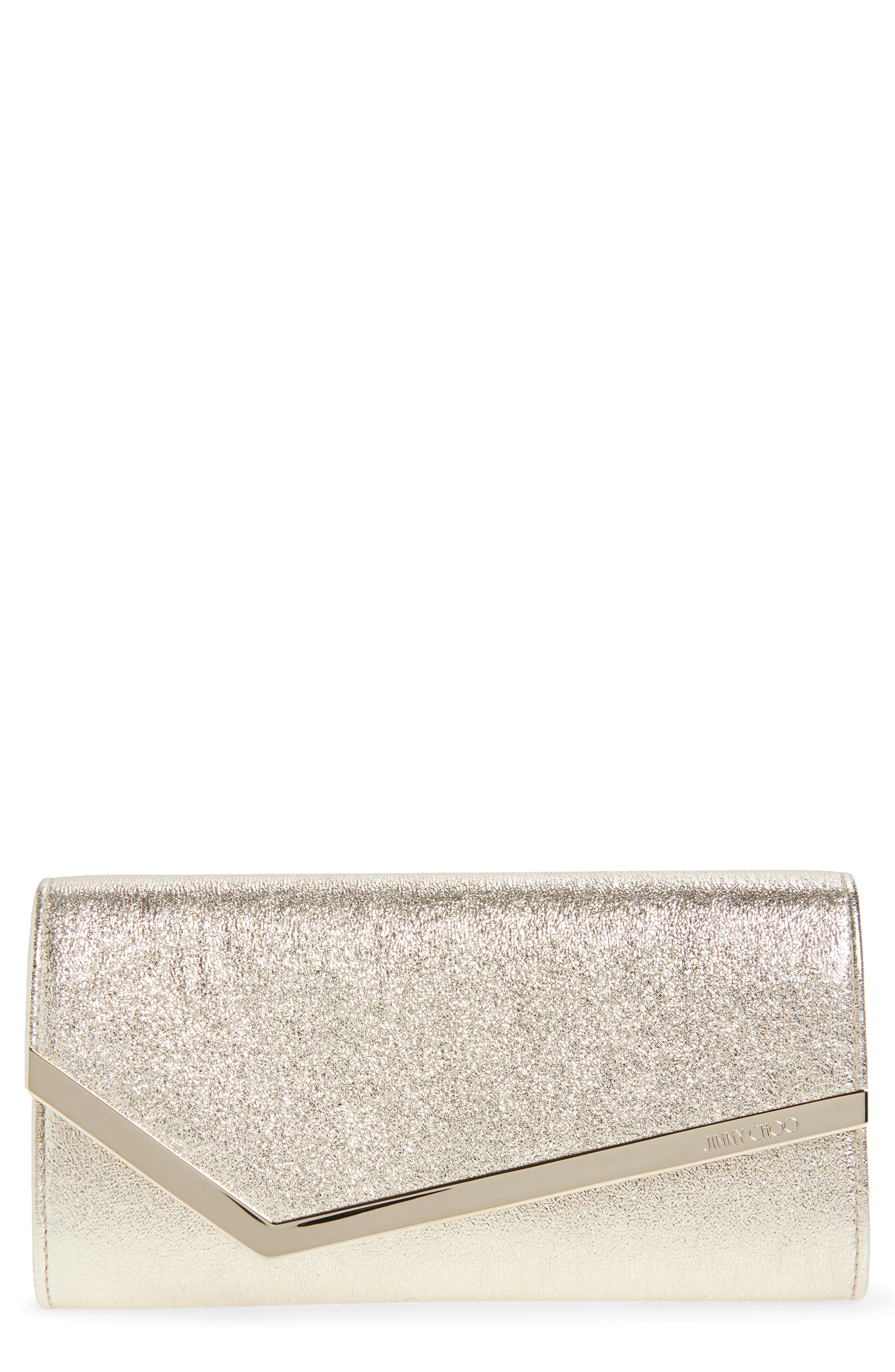 Jimmy Choo Emmie Glitter Leather Clutch, Main, color, Platinum Ice/ Light Gold