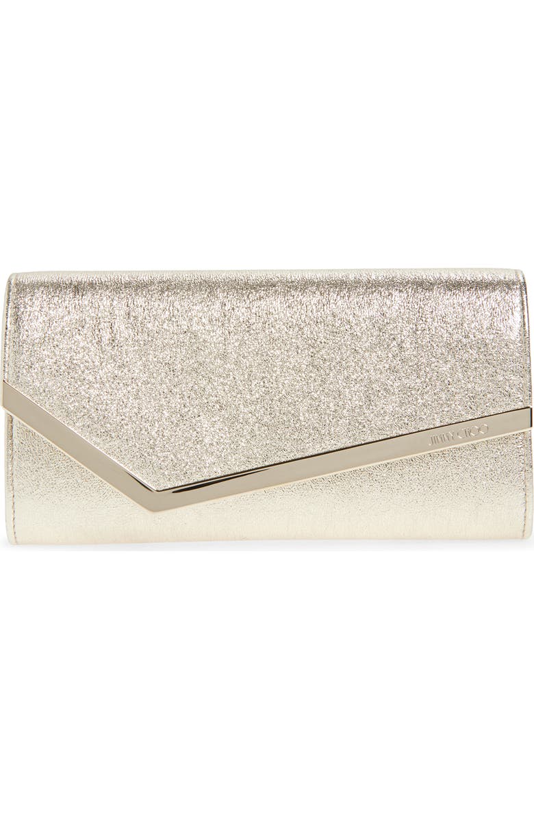 Jimmy Choo Emmie Glitter Leather Clutch, Main, color, Platinum Ice/ Light Gold