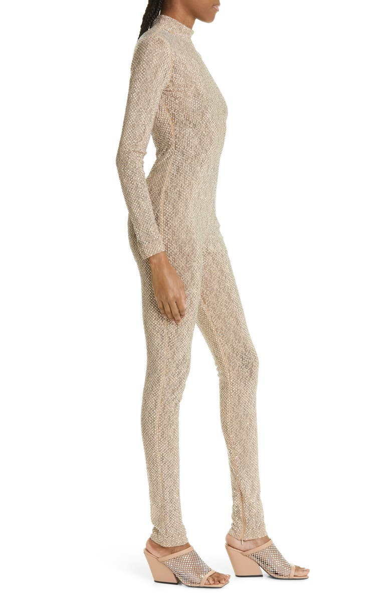 Stella McCartney Crystal Embellished Floral Lace Catsuit, Alternate, color, Light Beige
