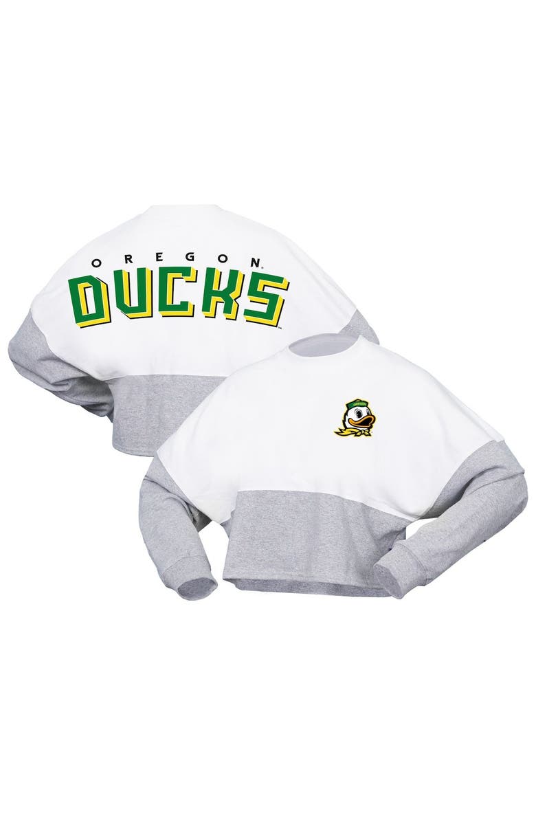 SPIRIT JERSEY Women's Spirit Jersey  White Oregon Ducks Heather Block Cropped Long Sleeve Jersey T-Shirt, Main, color, White
