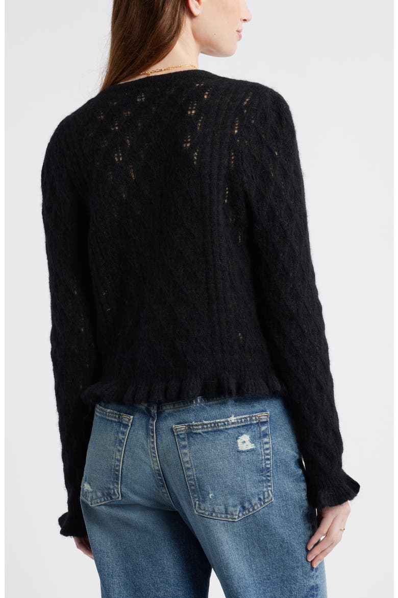 Pointelle Ruffle Edge Cardigan, Alternate, color, BLACK