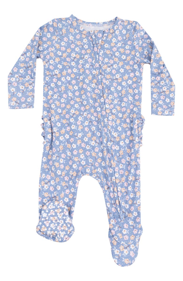 Angel Dear Country Calico Ruffle Zip Footie, Main, color, Blue/ Pink