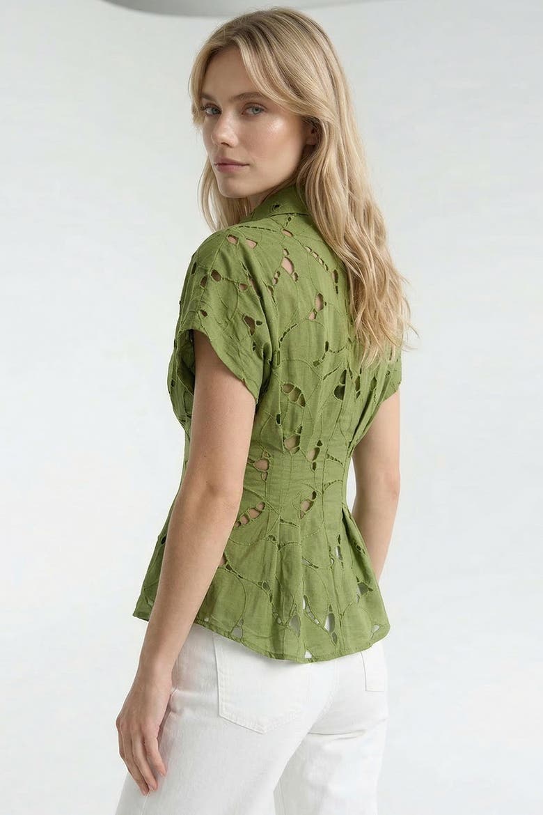 Adalene Shirt Collar Short Sleeve Eyelet Shirt, Alternate, color, Green