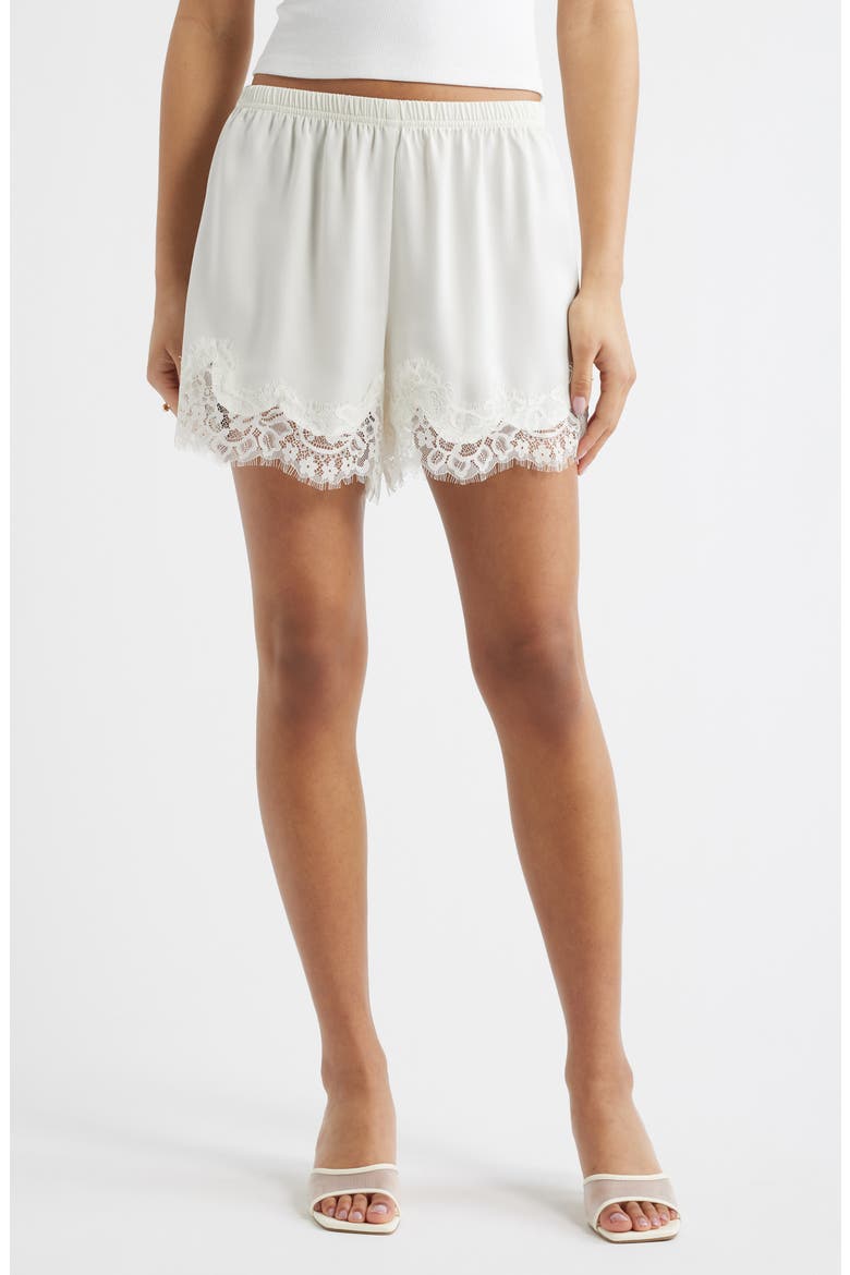 Lace Trim Satin Shorts, Main, color, IVORY