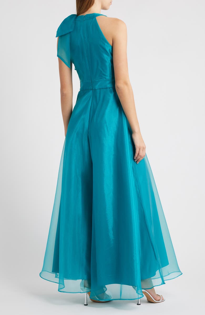 Eliza J Bow Detail One-Shoulder Taffeta Jumpsuit, Alternate, color, Jade