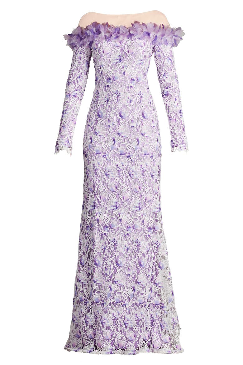 Floral Embroidered Off the Shoulder Gown, Alternate, color, WHITE/ PURPLE HAZE