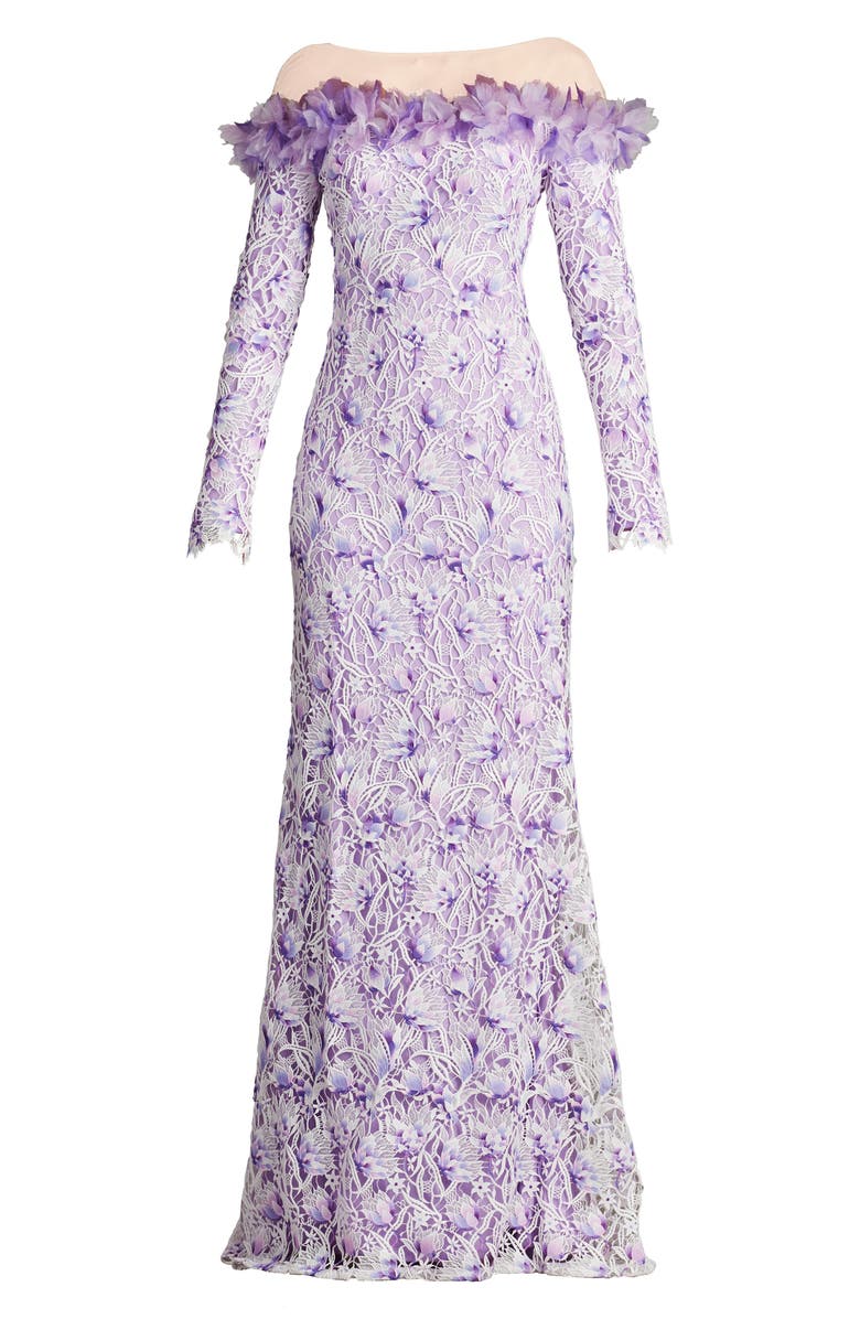 Tadashi Shoji Floral Embroidered Off the Shoulder Gown, Alternate, color, White/ Purple Haze