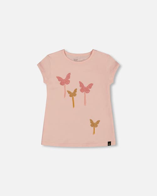 Deux Par Deux Girl's Organic Cotton Top With Applique Pink With Sparkling Butterfly In Pink With Sparkling Butterfly